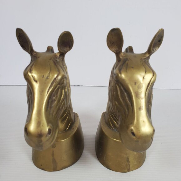 Vintage Brass Zebra Head Bookends Heavy Safari Animal Figurine Pair Mid Century - Picture 2 of 12